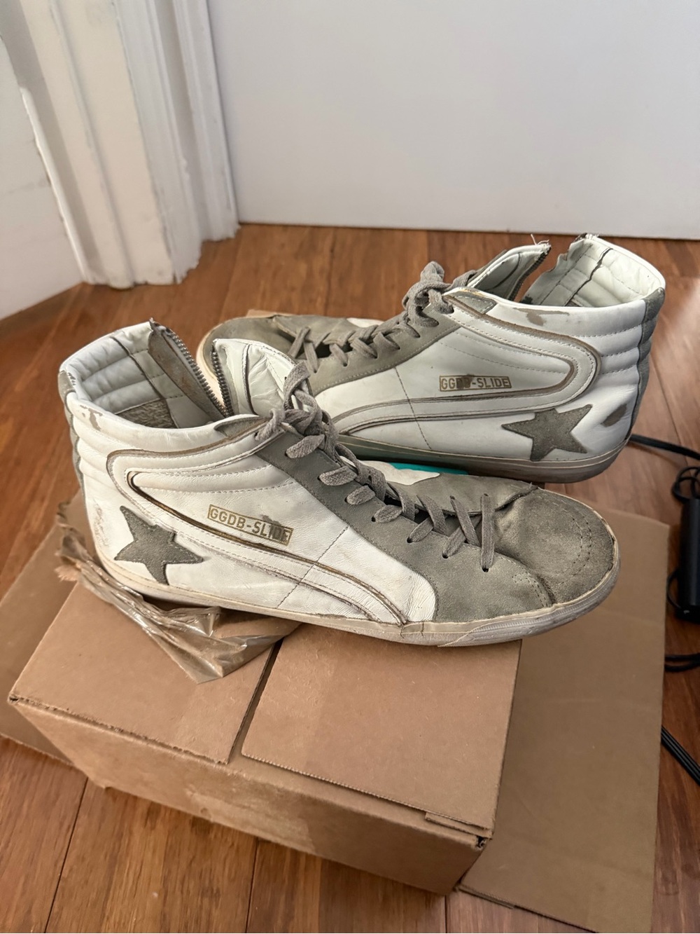 Golden Goose White and Gray Slide Mid-Top Sneakers